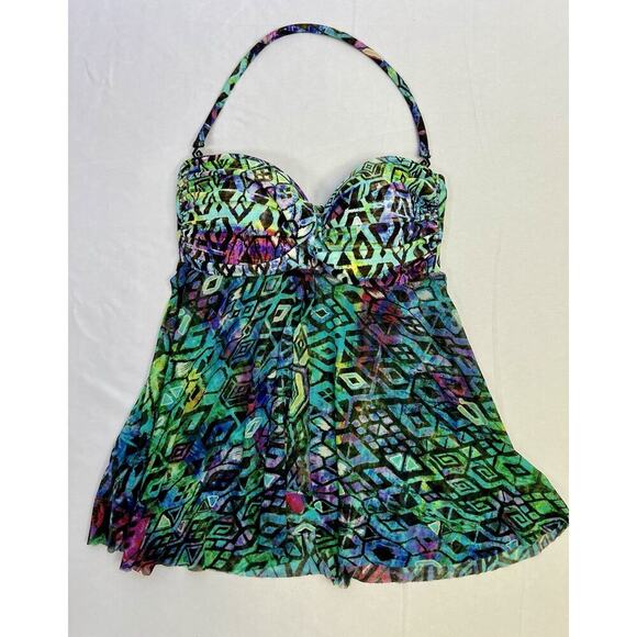 Profile by Gotex Blue Green Purple Swim Suit Babydoll Tank Top Size 10 Underwire - Picture 1 of 5